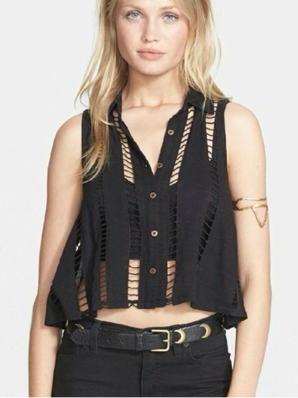 Free People Dandy Cut out Front Black Crop Tank Top 100% Cotton XS Boho Festival